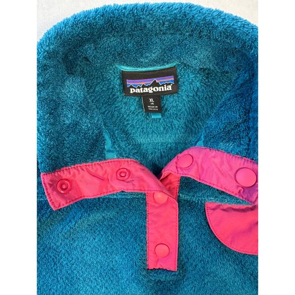 Patagonia Girls Snap T Fleece Pull Over Jacket Sweatshirt Fuzzy Green Pink XL 14 - Picture 2 of 6
